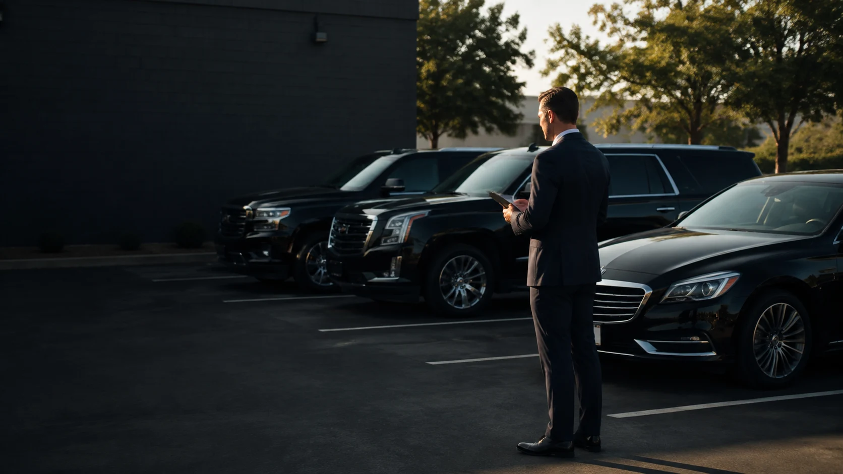Black executive vehicles parked without trips assigned
