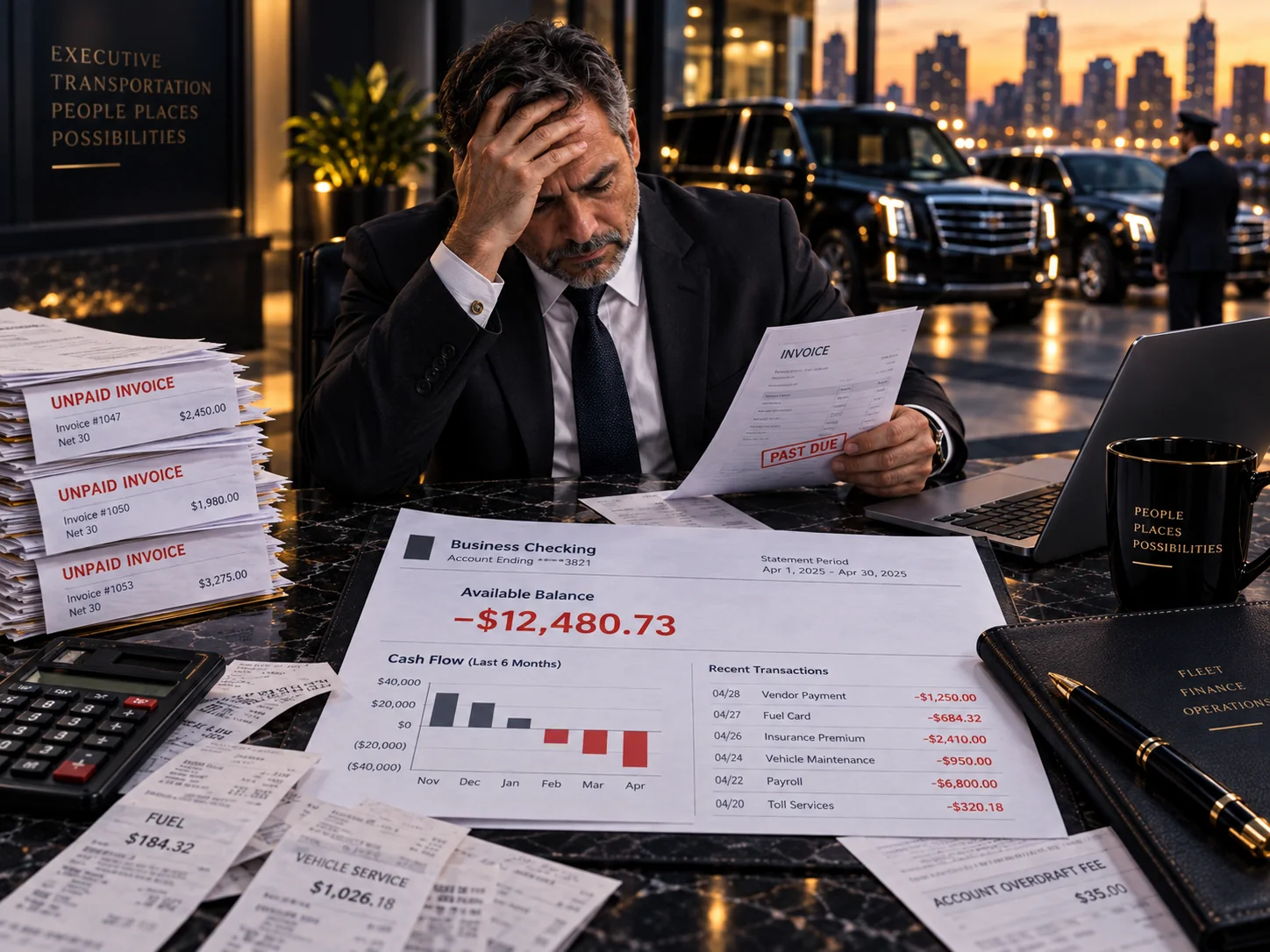 Business cash flow chart and invoices