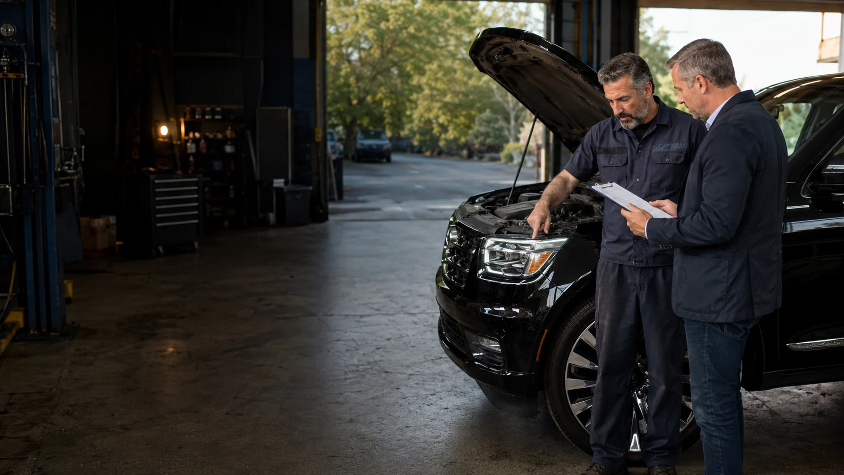 An operator discussing vehicle maintenance and repair costs with a mechanic